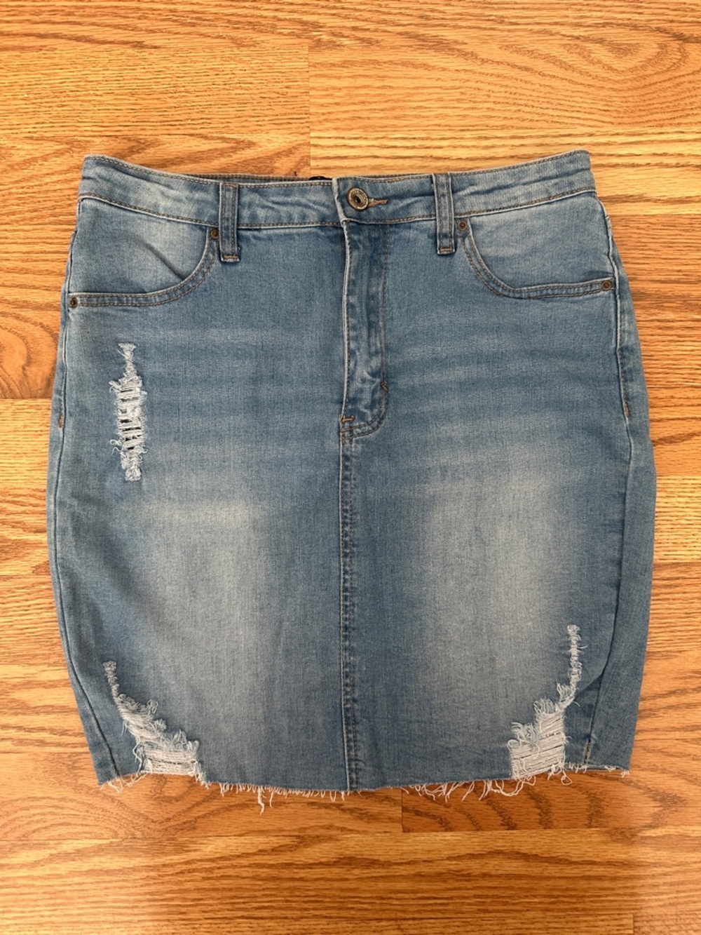 Classic Blue Denim Distressed Pencil Skirt - Women